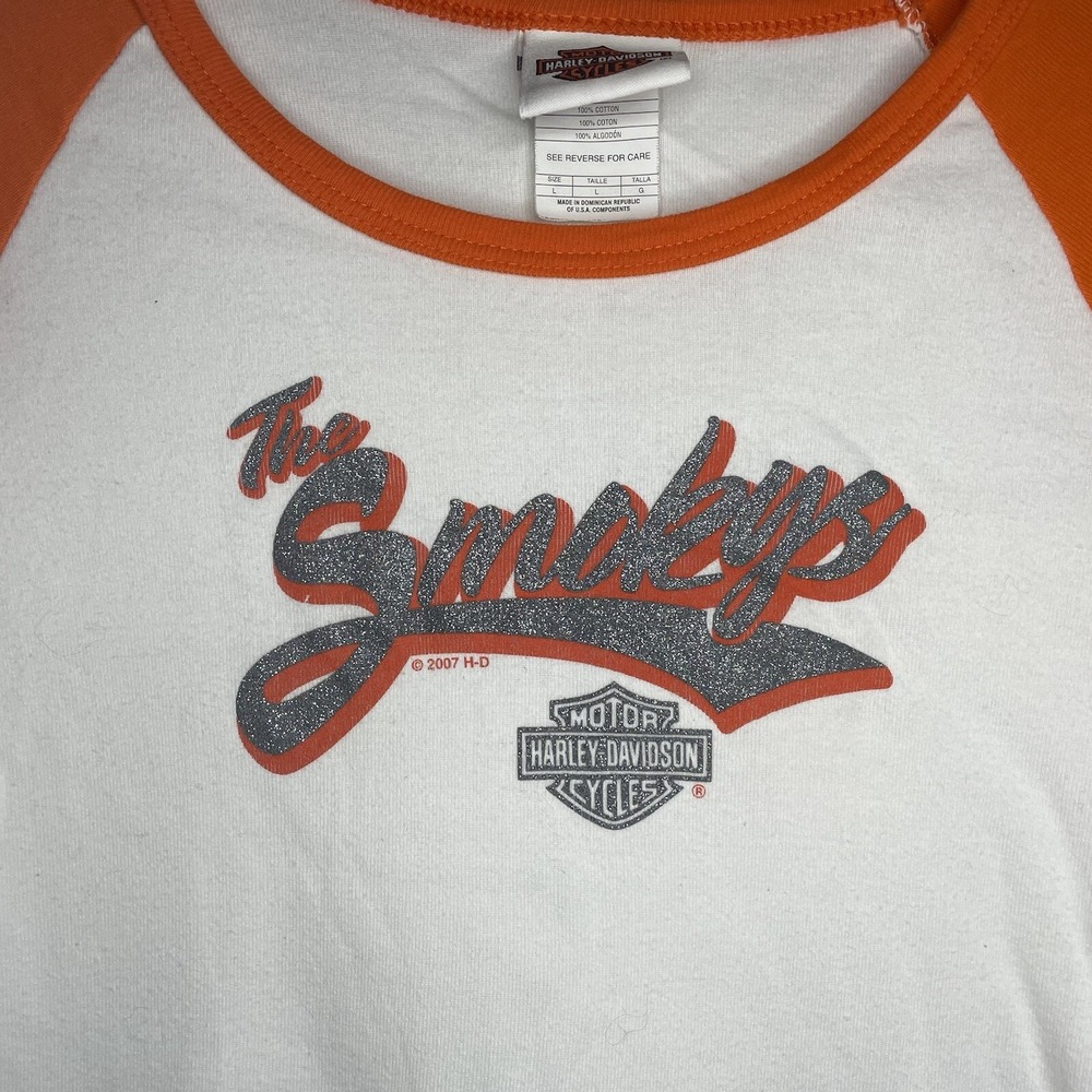 Vintage 2007 Harley Davidson Smoky Mountain Raglan T-Shirt Women L White Orange